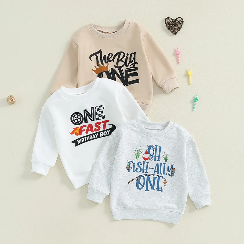 Baby Boy 1st Birthday Sweatshirt Crown & Letter Print Long Sleeve Round Neck Pullover Loose Tops