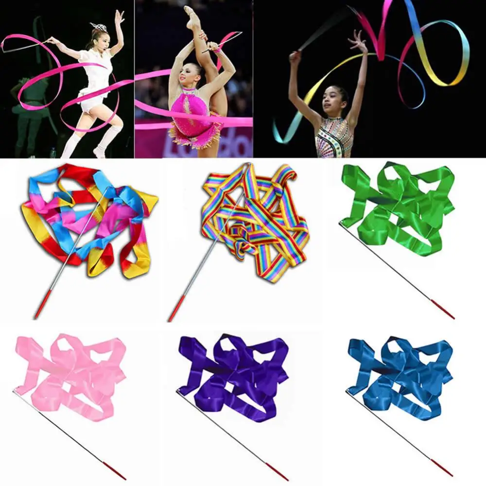 

4M Colorful Gym Ribbons Dance Ribbon Rhythmic Art Gymnastics Ballet Streamer Twirling Rod Stick Training For GYM Training