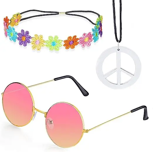 FENOHREFE Hippie Kostuum Set Inclusief Zonnebril Hoofdband Vredesteken Ketting En Oorbel Vintage Kostuum Hippie Zonnebril