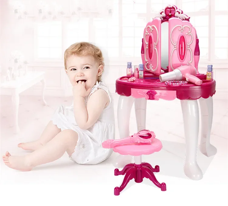 High Quality LED Lights music Kids Cosmetics Dressing table lipstick nail comb hair dryer Play house Interactive Toy baby gift