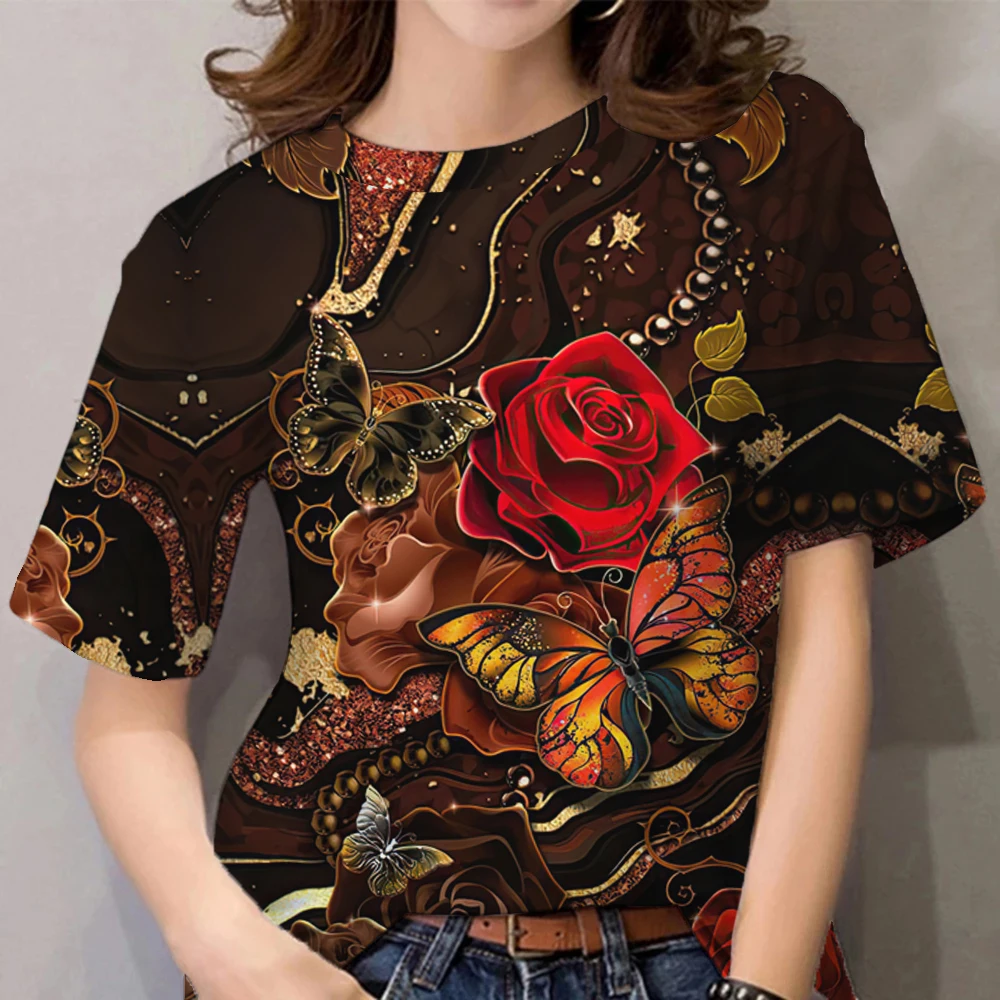 camiseta feminina de luxo impressão floral harajuku roupas casual manga curta tendência blusa oversized superior frete grátis