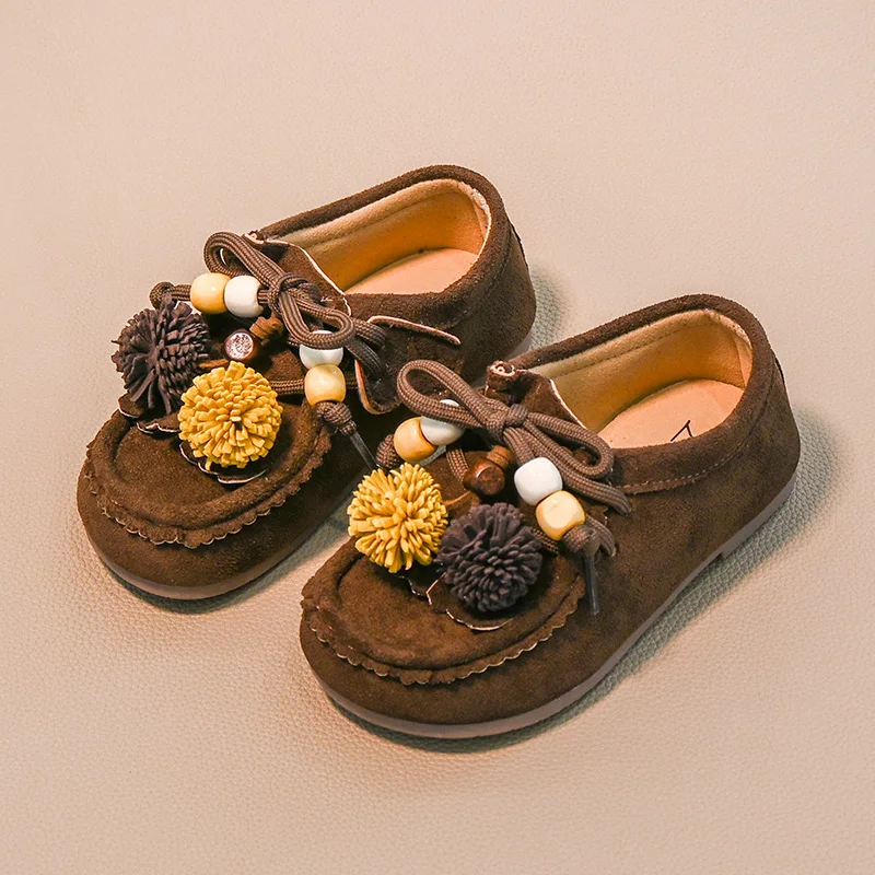 Leather Girls Flat Shoes Coffee Color Wedding Party