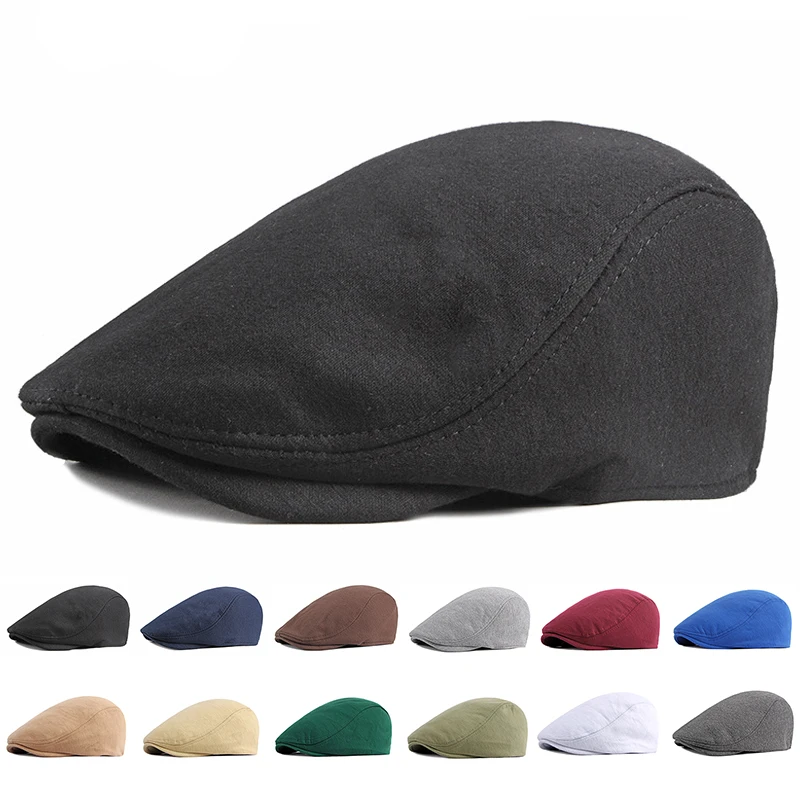 Spring Beret Hat Newsboy Cap Men Women Solid Color Knitted Visor Golf Cap Casual Herringbone Peaked Duckbill 12 Colors