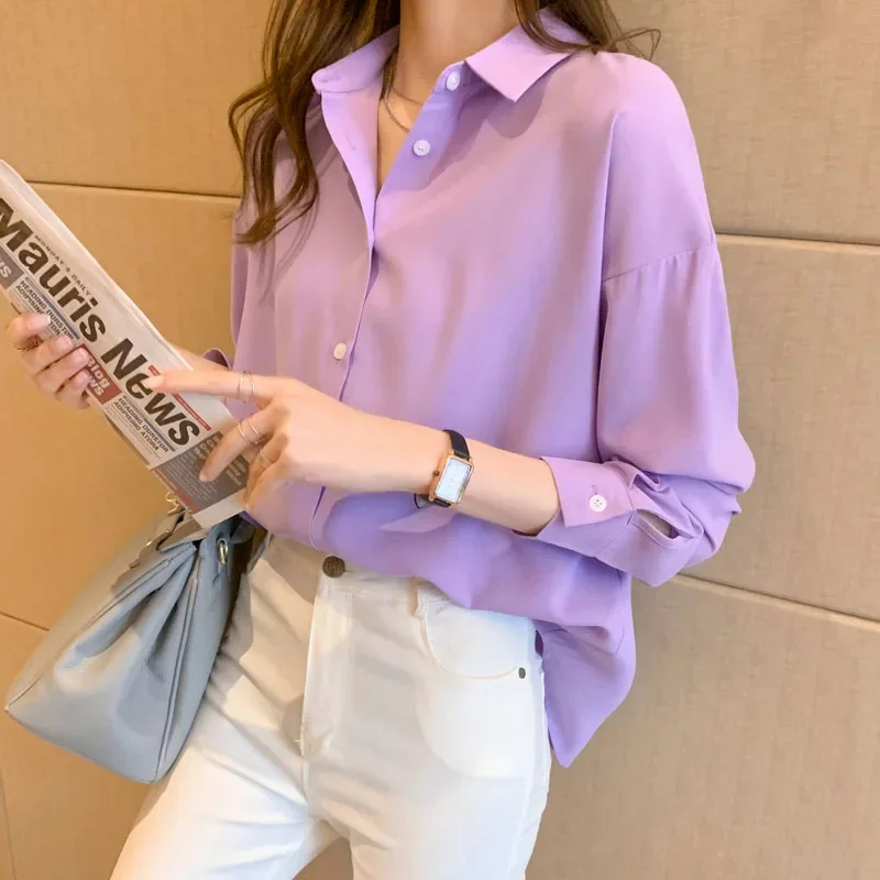 2023 Spring Autumn Korean Style Turn-down Collar Long Sleeve Shirts Women's Fashion Comfort Tops Female Simple Causal Blouse new fashion women s summer pure cotton short sleeve slim fit shirt female korean edition casual comfort versatile checkered top