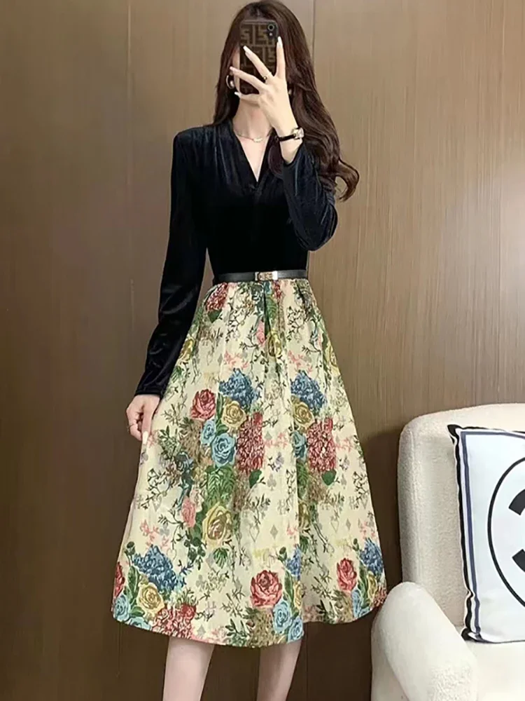 

Women Elegant Luxury Christmas Dress Autumn Winter Black Velvet Patchwork Jacquard Dress 2023 Korean Vintage Fake Two Piece Robe