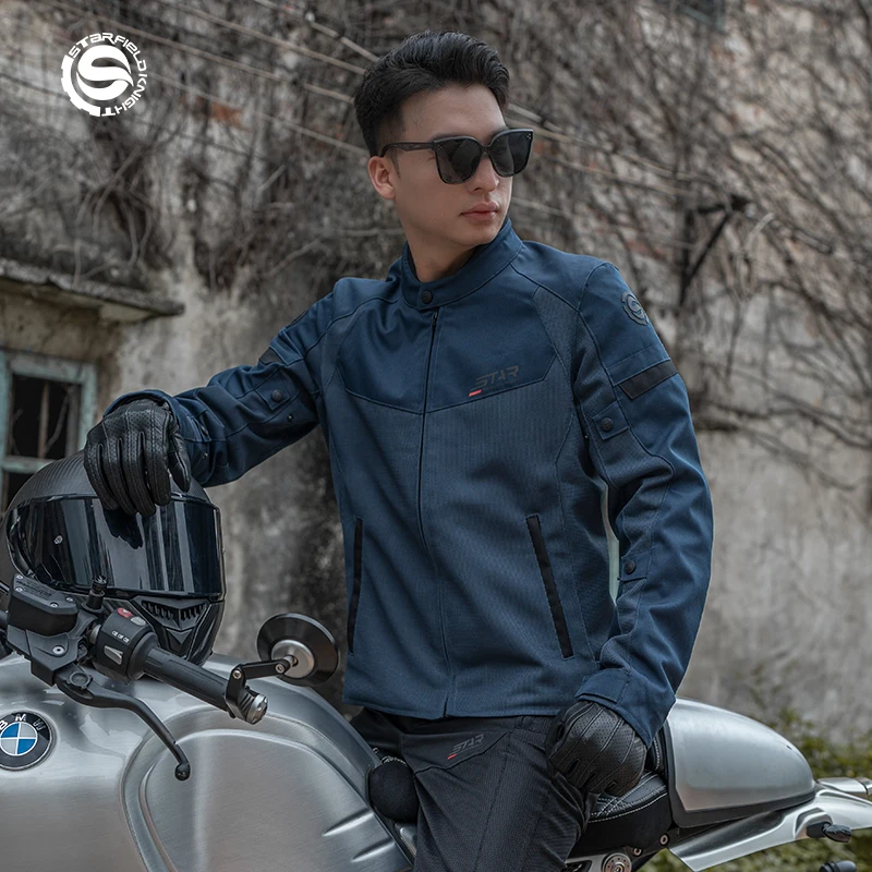 SFK Men's Motorcycle Jacket Motorbike Riding Clothing with Zipper Pockets Summer Mesh Breathable Reflective Logo Cycling Clothes