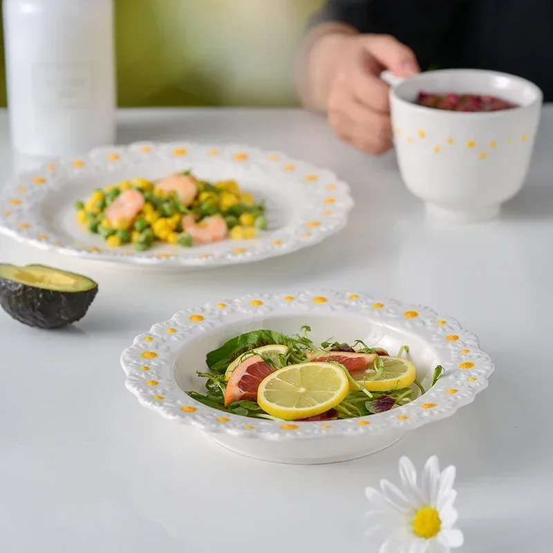 Daisy Dinner Set Ceramic Tableware Salad Soup Bowl Rice Dessert Dish Coffee Plate Cup Saucer Dinner Mug Set Dinnerware