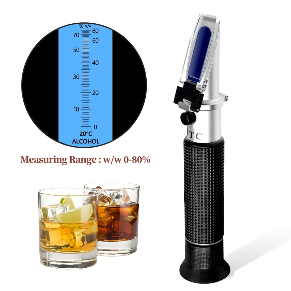 Alkohol-Refraktometer, 0 ~ 80 % ATC, Alkohol-Refraktometer, Brix-Skala,  Alkoholgehaltsmessgerät für Spirituosen, destillierte Getränke, Ethanol mit