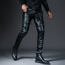 

New Winter Spring Mens Skinny Biker Leather Pants Fashion Faux Leather Motorcycle Trousers For Male Trouser Stage Club Wear