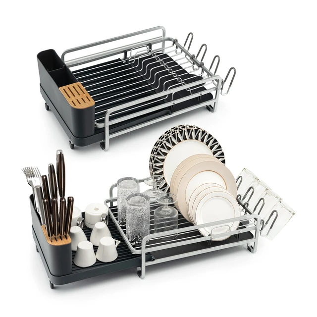 Dish Drying Rack,Kitchen Counter Expandable Dish Rack with Drainboard Spout  Grey