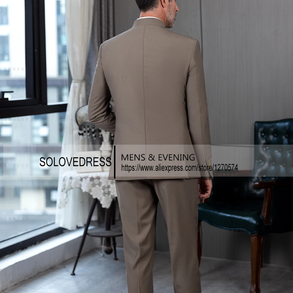 2 Pieces Men's  Zhongshan  Collar Chinese Tunic Suit Formal Suits Single Breasted  Groomsmen Wedding Tailored Fit (Blazer+Pants) 2