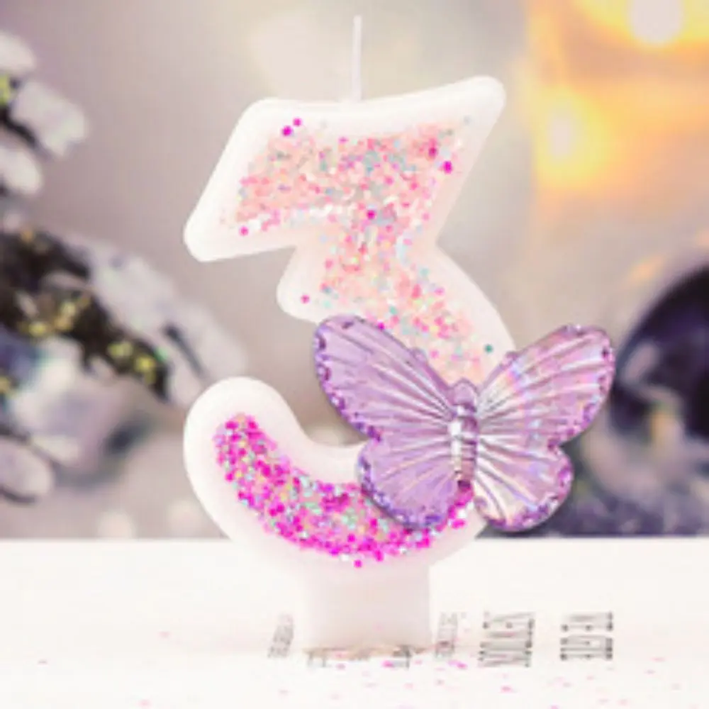 Pink Butterfly Digital Candle Happy Birthday Cake Topper Colours 3D Number Decor Candles Wedding Party Sparkling Digital Candle