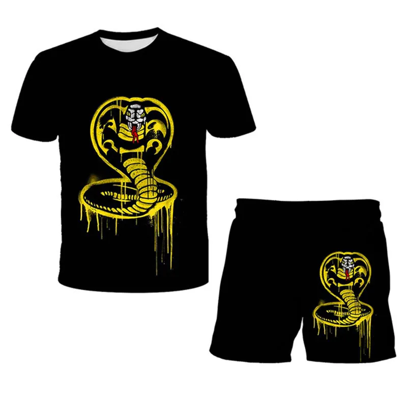 exercise clothing sets	 Summer Cobra Kai T-shirt Boys Girls Sets Top+Shorts 2pcs Sets Sport Suit Kids Clothes Thai Venomous Snake Cobra Kai Suit children's summer clothes