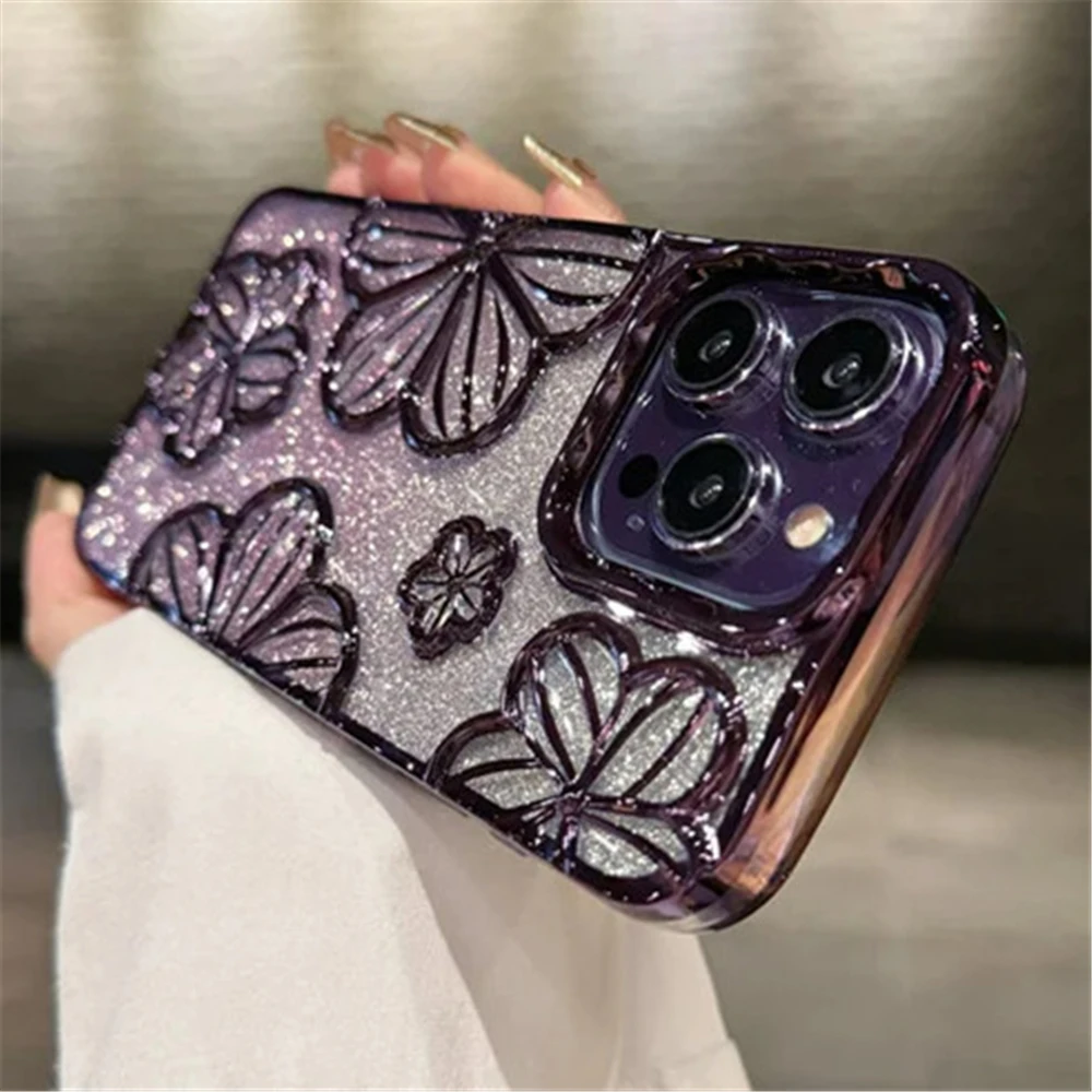 thumbnail image 1 of Luxury Plating Clear Bling Glitter Gradient Flowers Phone Case For iPhone 15 11 12 13 14 Pro Max Soft Silicone Shockproof Cover, 1 of 5