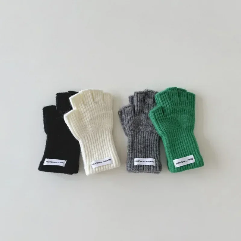 Autumn Winter Wool Warm Children Fingerless Gloves Boys Girls Chic Simplicity Candy Color Student Glove Half-finger Gloves 4