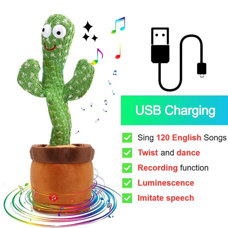 Bluetooth Dancing Cactus Repeat What You Said Usb Charging Voice Record Toy Speaker Talking Plushie Stuffed Toys for Kids Gift 