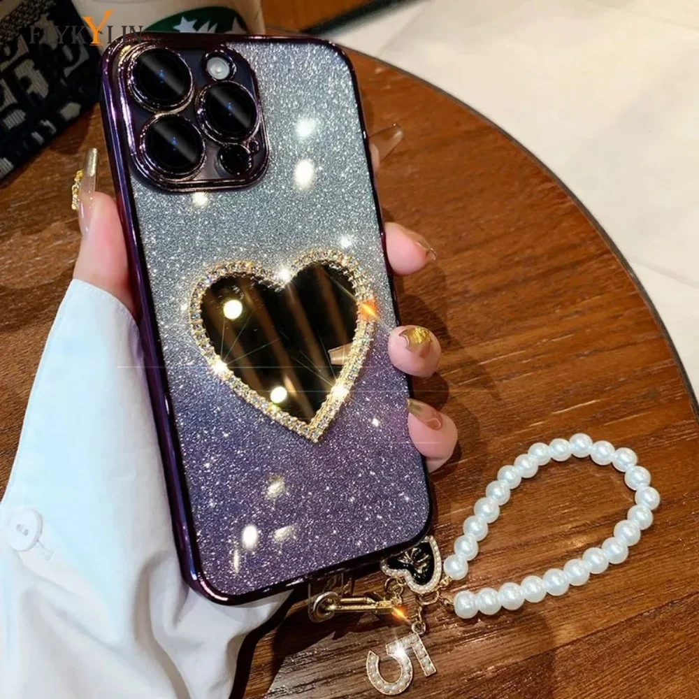 Luxury Diamond Love Mirror Phone Case with Pearl Heart and Hanging Rope