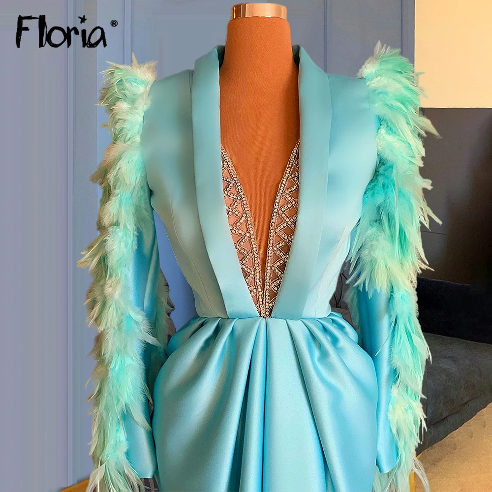 

Feather Deep V Neck Prom Dress Party Gown Long-Sleeves Woman Celebrity Outfits Spring Fashion Evening Dresses