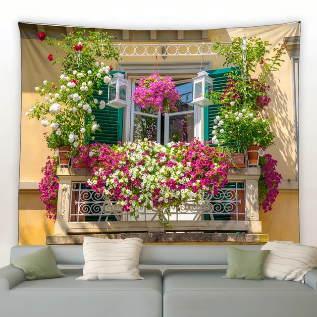 Tapisserie de fleurs pour l'extérieur, clôture de printemps, fond de paysage, grill mural, affiche de jardin pour la maison, décor de salon, esthétique 3