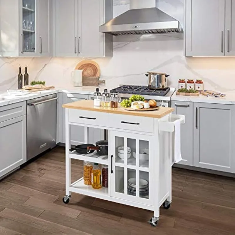 

Kitchen Island on Wheels with Drawers, Rolling Kitchen Cart with Tempered Glass Storage Cabinet Door, Bamboo Top 2 Tiers Shelves