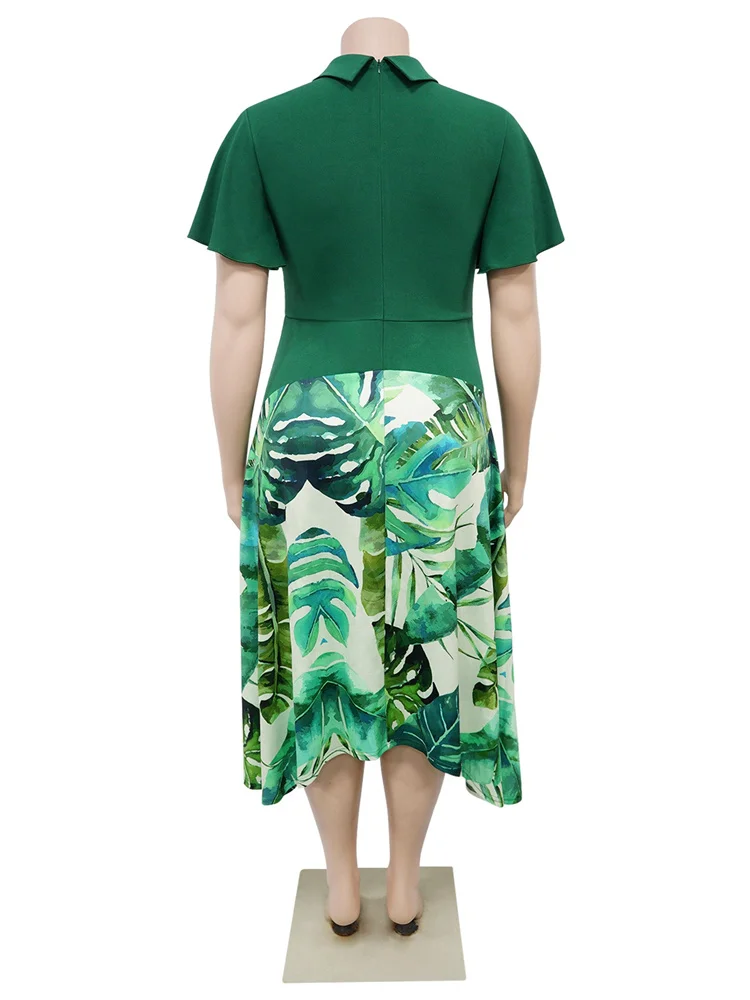 Wmstar Plus Size Dresses for Women Wholesale Patchwork Print Lapel Leaf Sleeve Dress Large Skirt African Dress Dropshopping