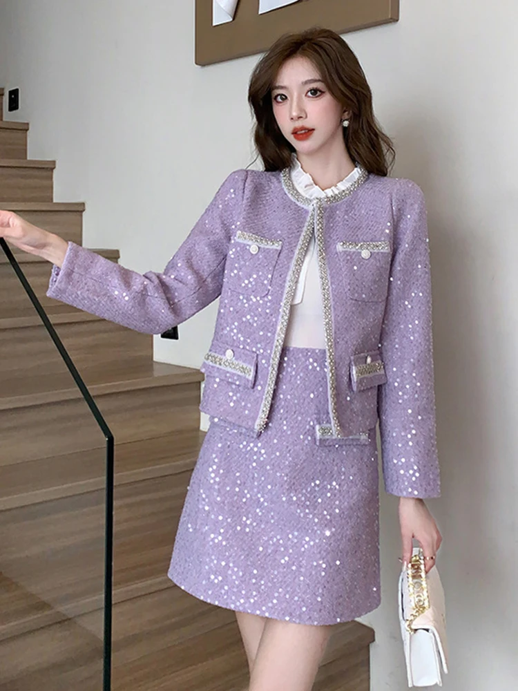 Women Clothes Vintage Sequin Tweed Outfits Ladies Elegant