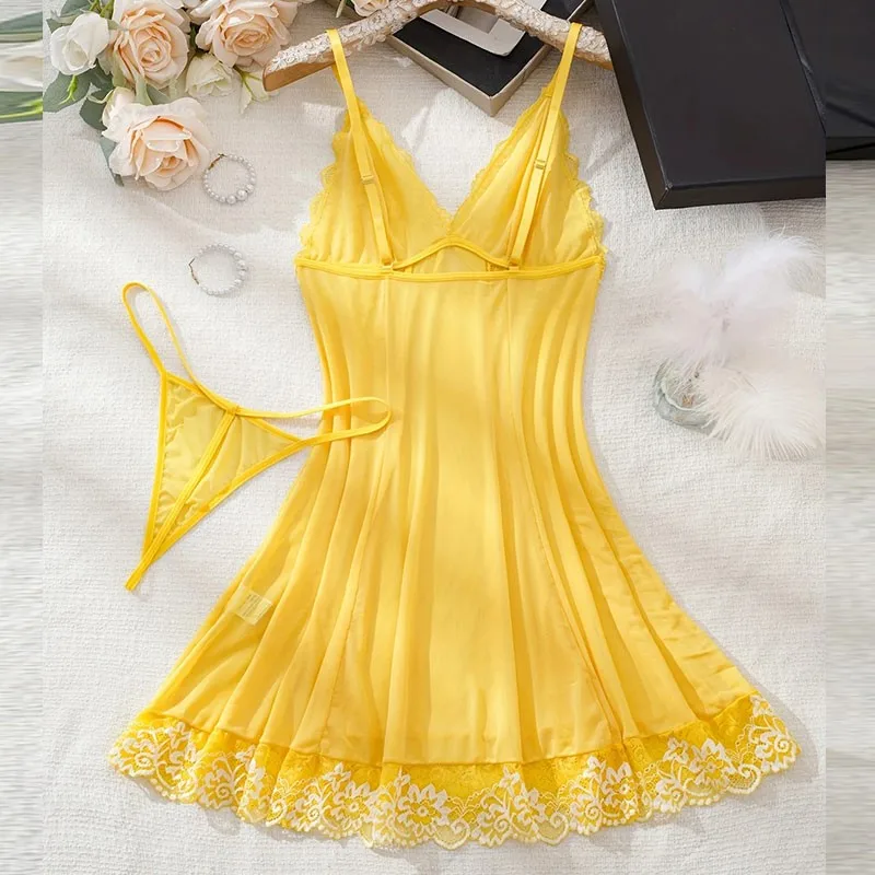 2 Piece Transparent Set Lace Bra Slim Nightgown Set With Thong Erotic Lingerie Pajamas Plus Size Porno Night Dress Sexy Babydoll_voghion.com