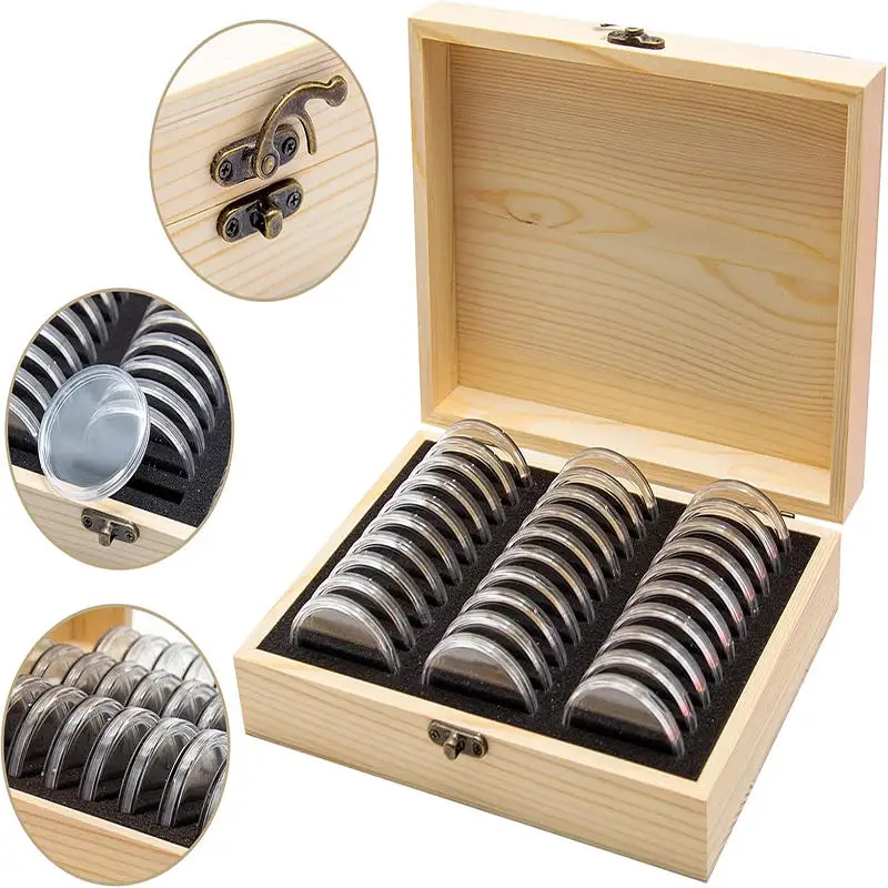 Coins Storage Box 30PCS Adjustable Antioxidative Wooden Commemorative Coin Collection Case with Adjustment Pad