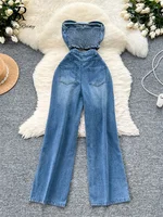 SINGREINY Women Strapless Denim Jumpsuits Hollow Out Design Pleated Slim High Quality Streetwear Fashion Casual Long Playsuits - Image 2
