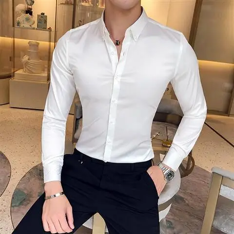thumbnail image 1 of Camisas y blusas de manga larga lisas para hombre, blusas de seda de negocios de verano con botones para hombre, moda 2024, ropa social de alta calidad SI, 1 of 5
