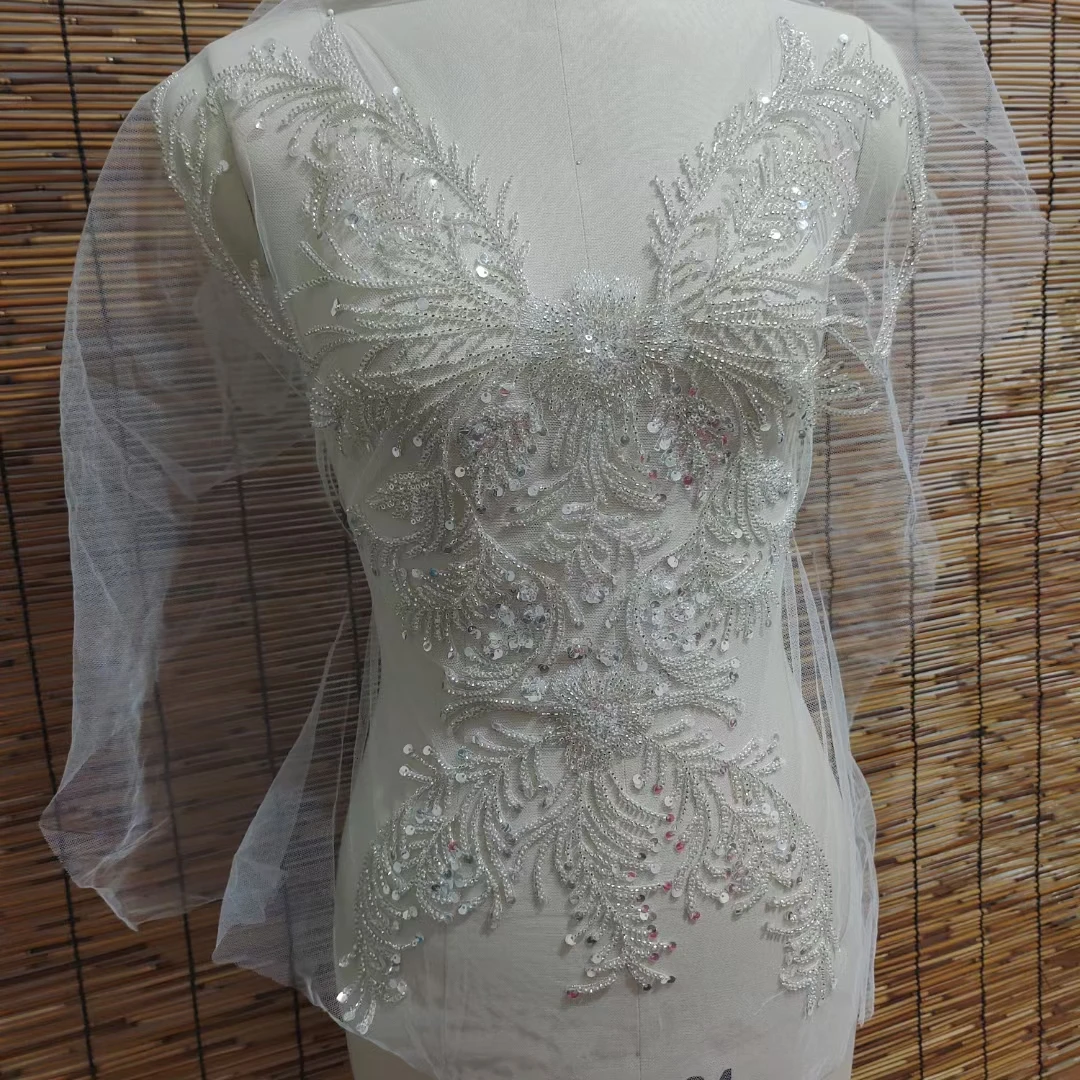 Luxury large flower beaded lace appliques for wedding dresses
