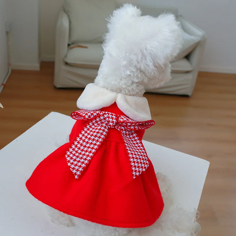 

Autumn Winter Red Princess Dress Thousand Bird Lattice Bow Warm Skirt Christmas Woollen Overcoat Small Dog Clothes Chihuahua