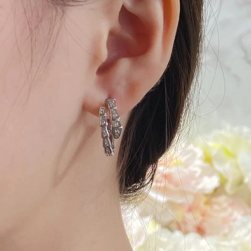 Zircon Inlaid 925 Silver Snake Bone Earrings | High-End Women's Fashion Jewelry | Luxury Brand Party Gift