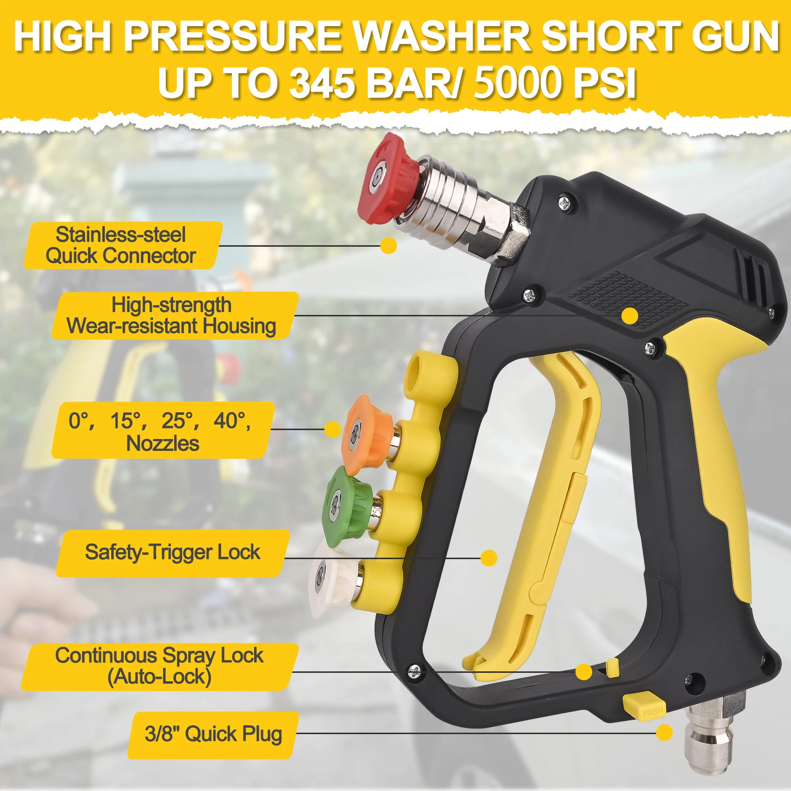 고압 세척기 짧은 스프레이 건 최대 5000 PSI, 1/4인치 퀵 커넥터 및 3/8인치 퀵 플러그, 노즐 팁 홀더 포함