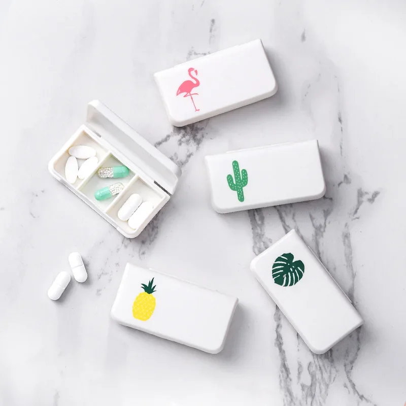 1 Pc 3 Lattices Pill Box Tablet Flamingo Cactus Leaf Pillbox Dispenser Medicine Boxes Dispensing Medical Kit Mini Organizer Case