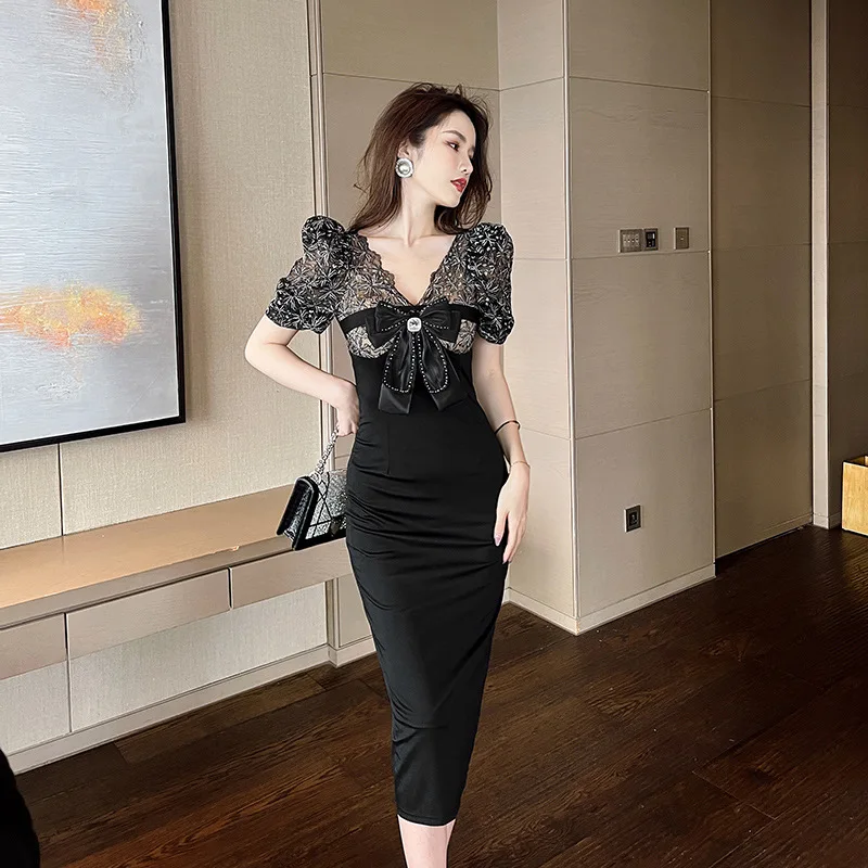 

Women's Summer Dresses Black Sexy Bodycon Lace High End Party Night Dresses Bow Spliced Diamonds Club V Neck High Waist Dresses