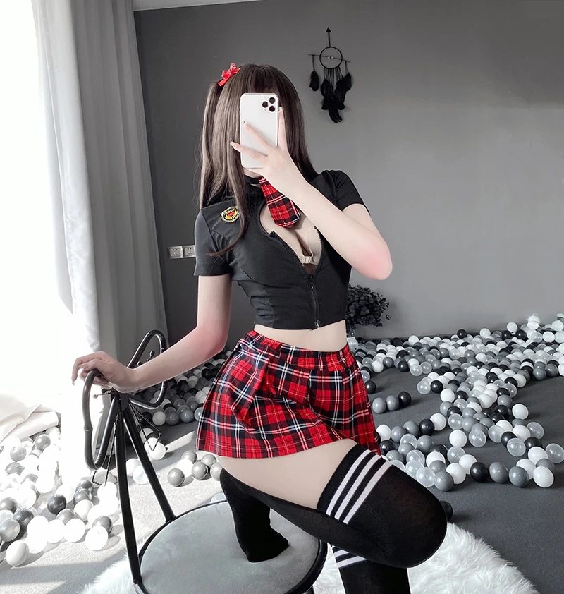 Tartan Patchwork Japanese Schoolgirl Cosplay Uniform Set Sexy JK Embroidery Pleated Role Playing Costume Plaid Skirt Socks women cosplay costume