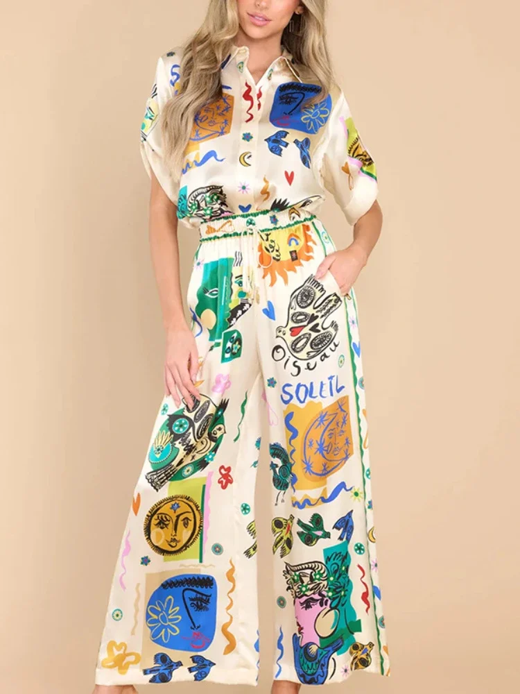 

Женский комплект из двух предметов, рубашка с коротким рукавом и принтом, Повседневная Свободная уличная одежда большого размера, весна-лето