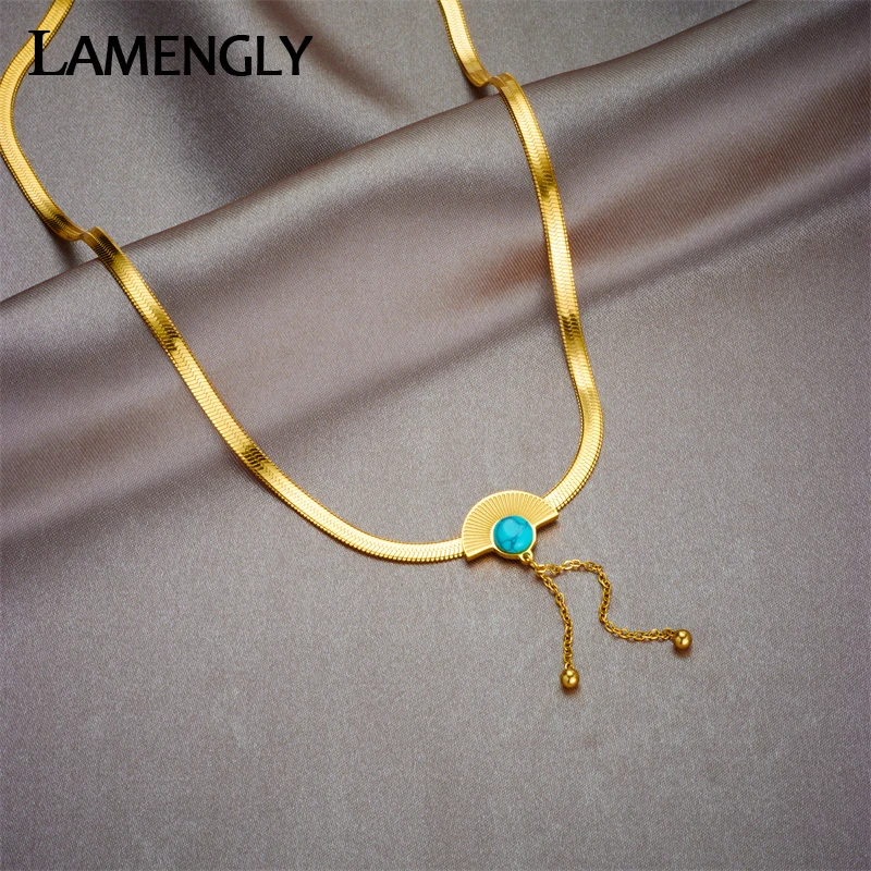 

LAMENGLY 316L, нержавеющая сталь, полукруглый зеленый камень, длинное ожерелье с подвеской для женщин, девушек, ретро, плоские, искусственные подарки