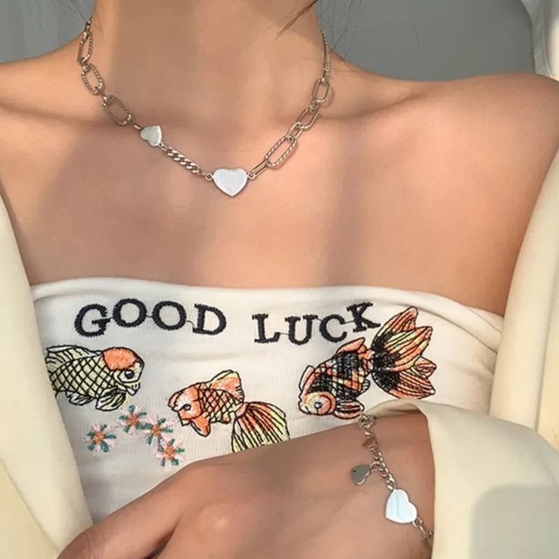 14K Gold Plated Chunky Chain Love Heart Pendant Necklace for Women Fashion Statement Paperclip Chain Choker Party Jewelry Gift