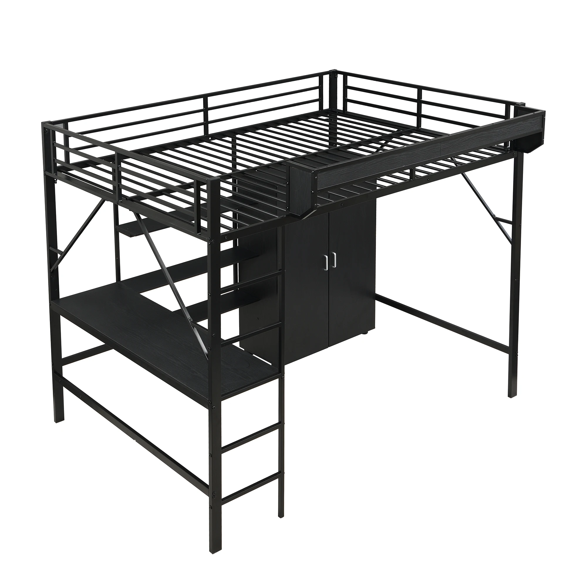 Eisenbett, Hochbett, Doppelstockbett mit Stauraum unter dem Schreibtisch, Oberbett mit Stauraum, mit Kleiderschrank, Eisen + MDF, schwarz, 140x200cm – Detail 19