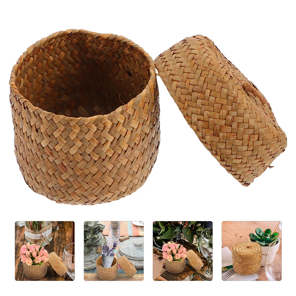 

2Pcs Seagrass Woven Storage Basket Lidded Gift Box Woven Storage Bin Handmade Woven Basket