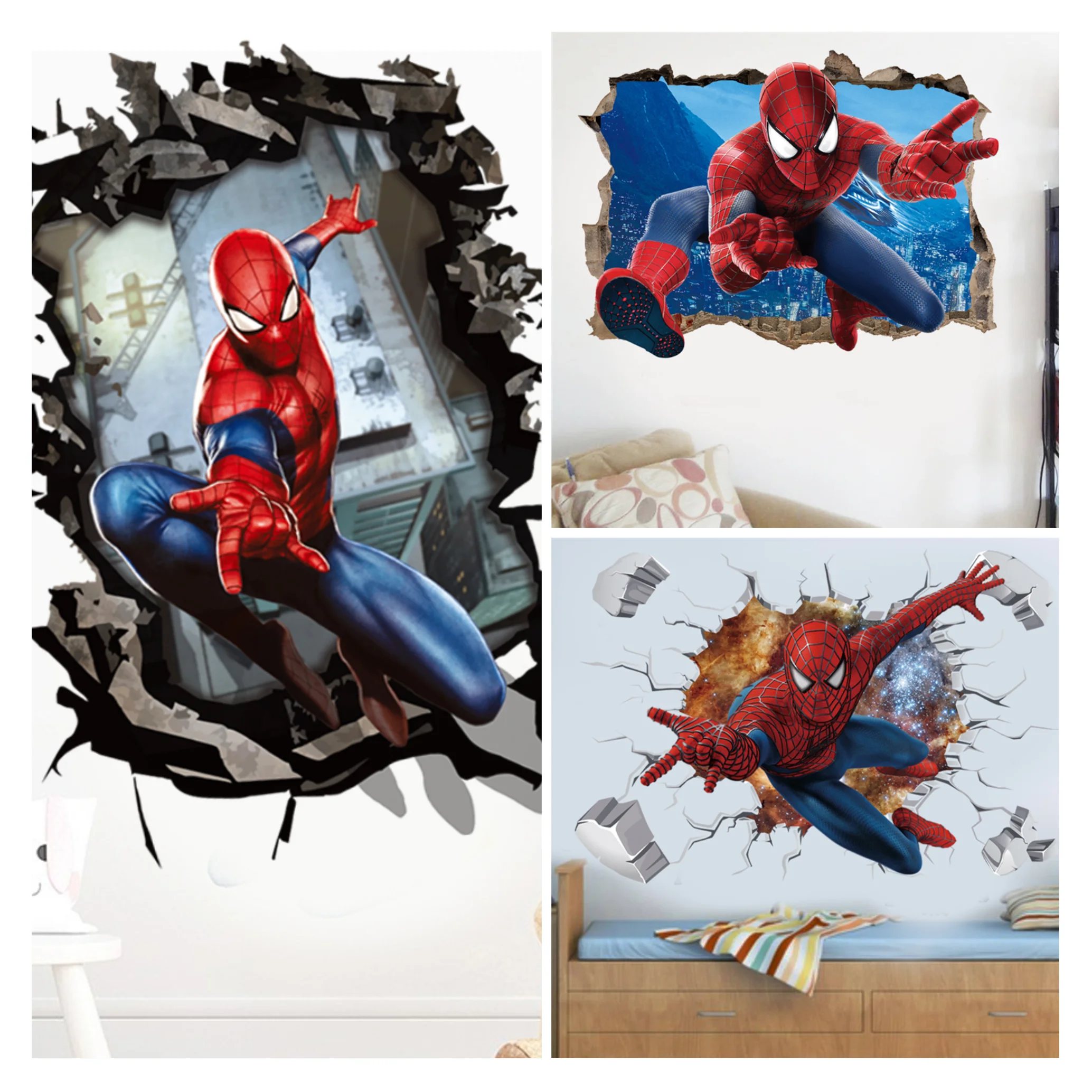 3D Broken Wall Spider-Man Marvel Avengers Wall Stickers For Kids Room Living Room Bedroom Decoration SuperHero Movie Poster wall stickers wall sticker