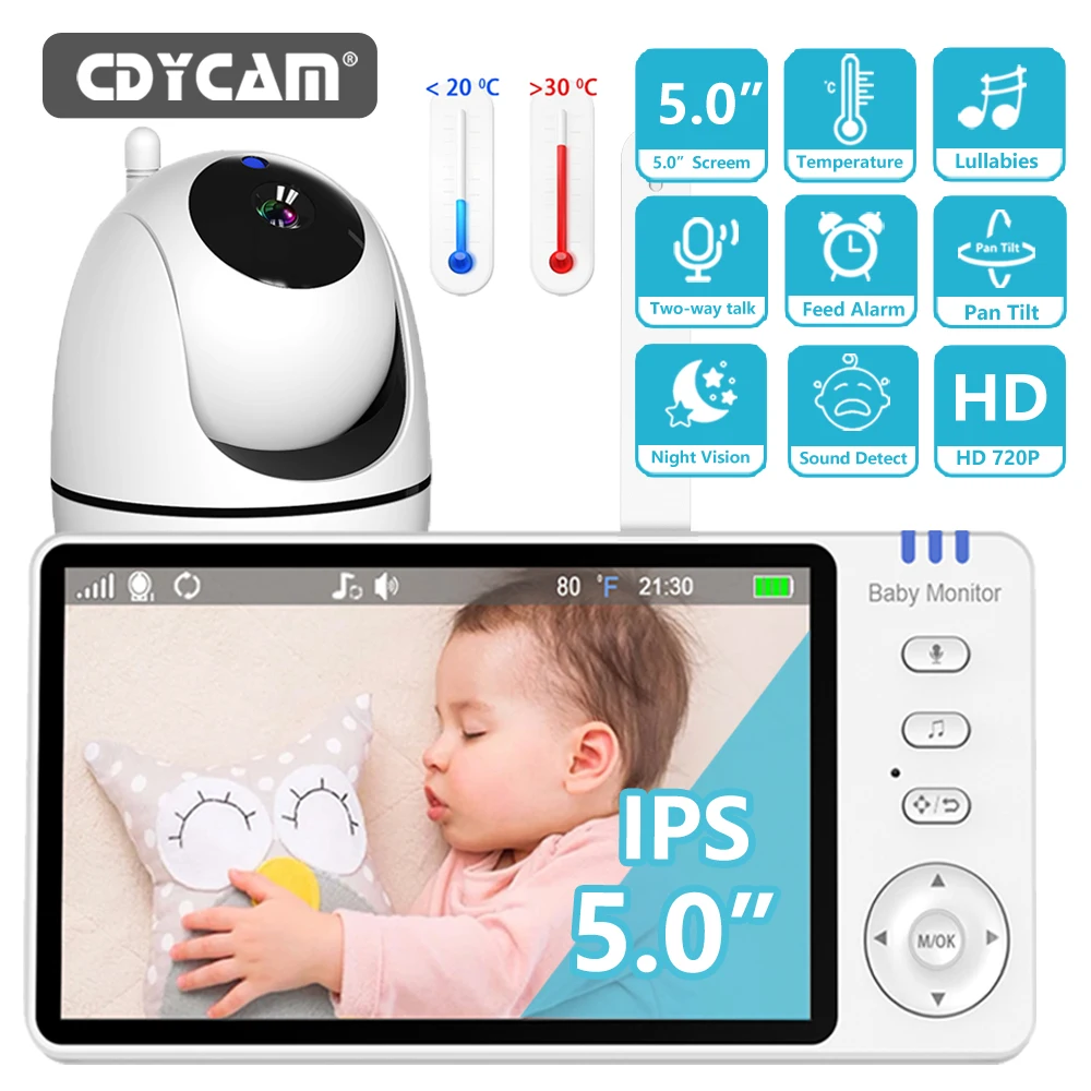 5.0 Inch Video Baby Monitor With Pan Tilt Camera Wireless Two Way Audio Night Vision Security Babysitter VOX Wake Up USB Charge 1