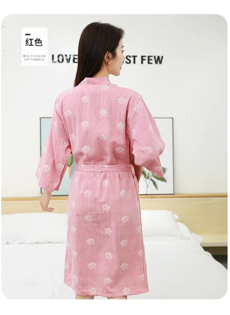 Spring and Summer Thin Half Sleeve Women's Sleepwear Cotton Bathrobe Yukata Clothes Water Absorbing and Breathable Home Robes
