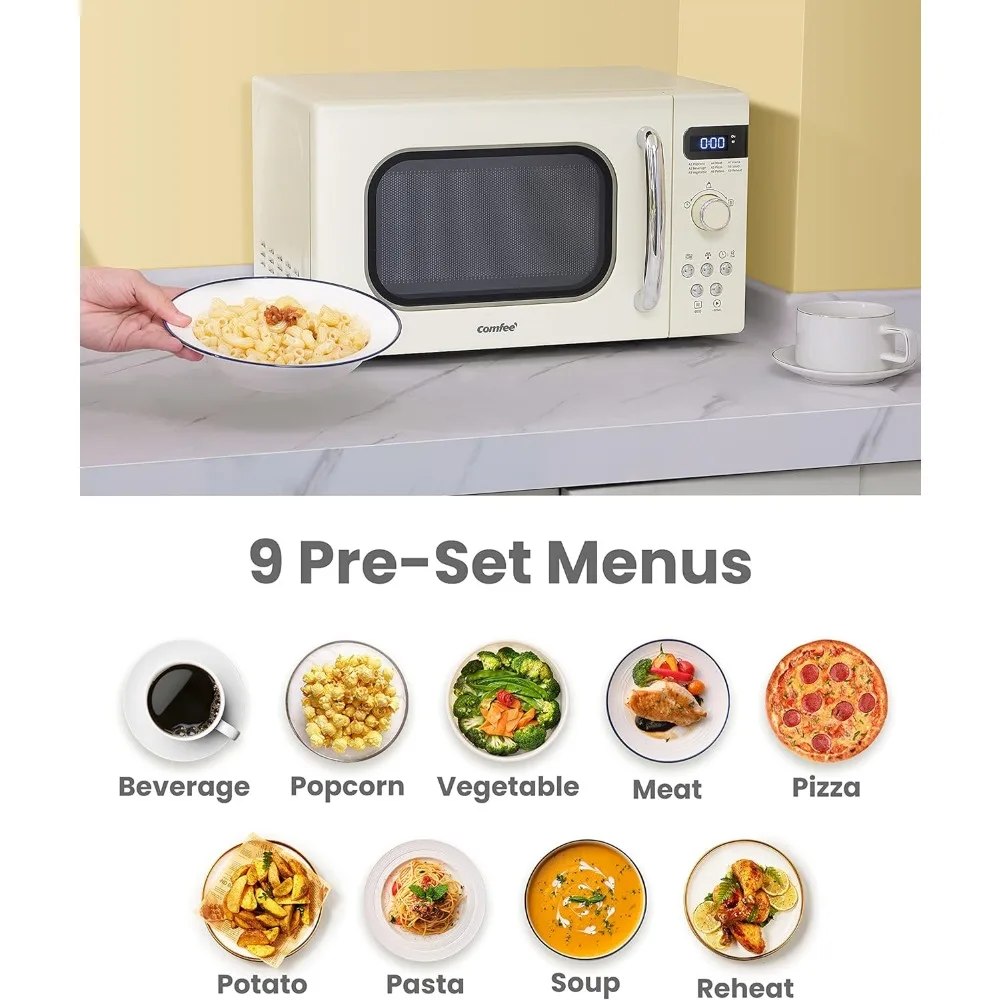 Microwave Oven Compact Size 9 Preset Menus Position-Memory Turntable Mute Function 0.7 Cu Ft/700W