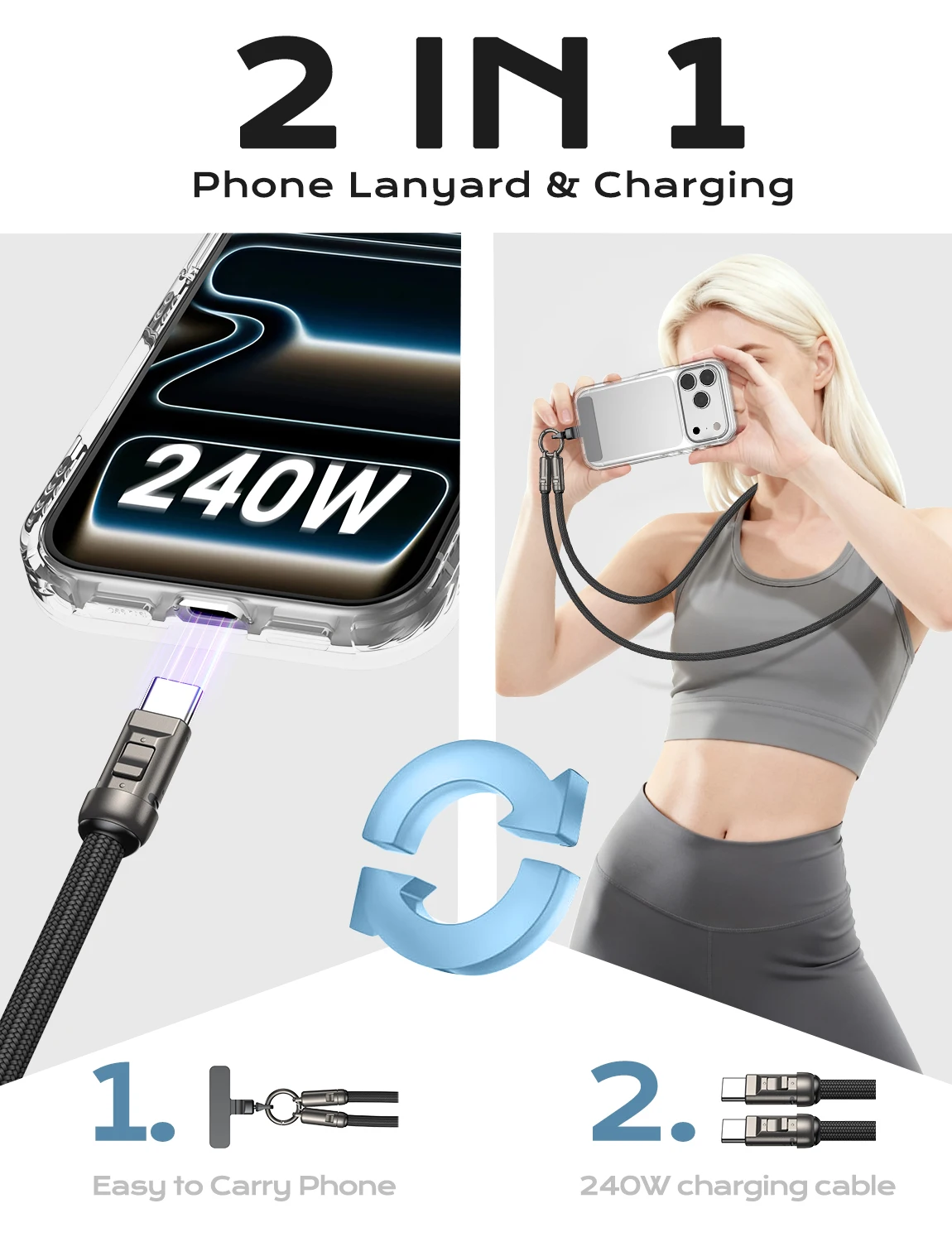 Universal Phone Lanyard Charger: 240W USB-C to Type-C Data Cable