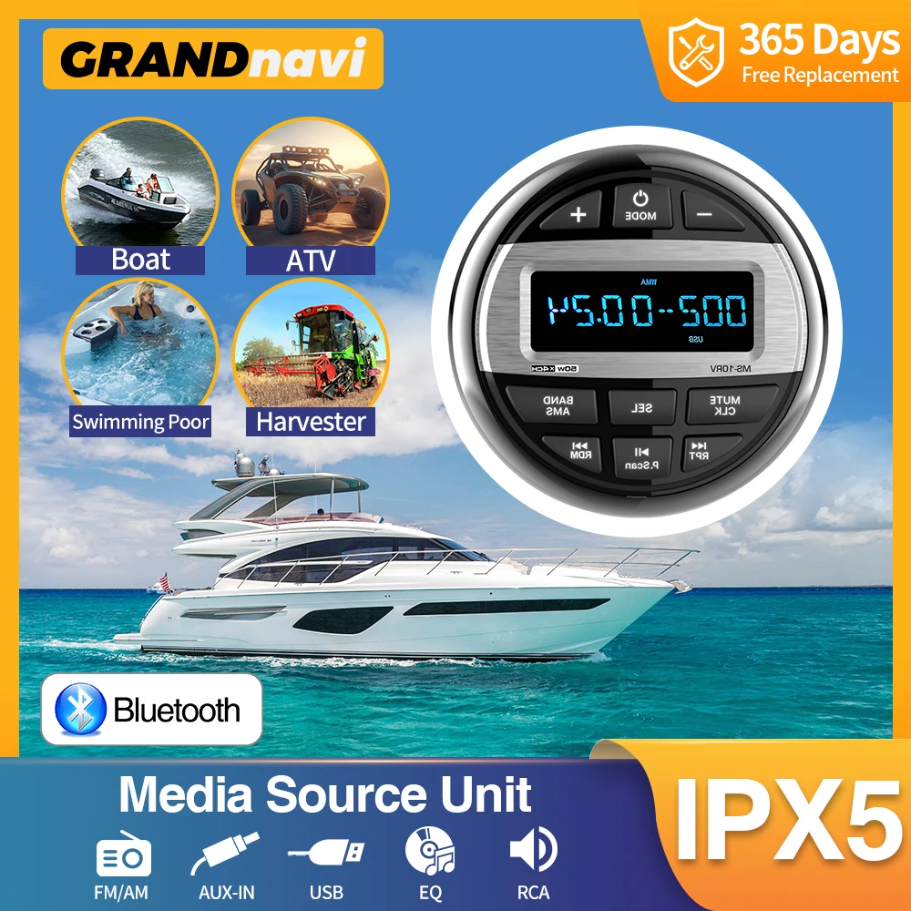 GRANDnavi Bluetooth Marine Stereo Boat Radio Waterproof FM AM Digital Media Audio Player For Yacht Gauge ATV UTV Cart Motorcycle marine bluetooth stereo audio radio receiver mp3 player 4 waterproof marine speaker fm am antenna for atv boat yacht motorcycle