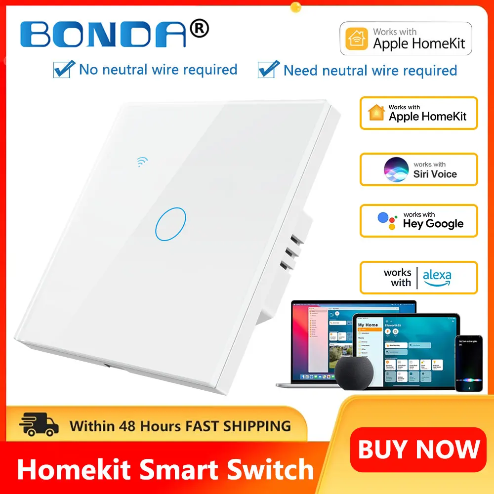 Apple Homekit Interruptor wi fi sem Neutro Padrão da ue Casa Inteligente Luz Toque Interruptores de Parede Gang Alexa Siri Controle Voz