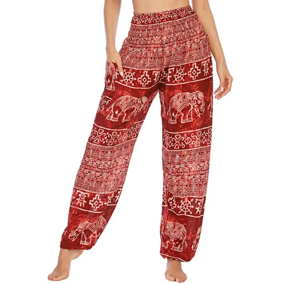 

Elephant Patterned Pants Thai Elephant Print Harem Yoga Pants with Pockets for Women Wide-leg Trousers for Vacation Work High